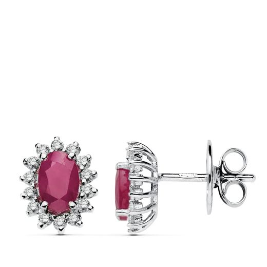 18K Pendientes Oro Blanco Rubi 6X4 Mm 1,00 Qt. Diamantes 0.28 Qts. Vs2-G Cierre Presion 9,5X8 Mm