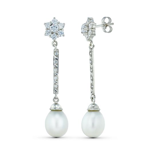 18K Pendientes Oro Blanco Tres Cuerpos Cuajo Y Perla. Cierre Presion