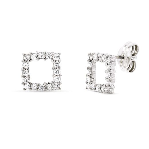 18K Pendientes Oro Blanco Y Circonita 9X9 Mm Cierre Presion