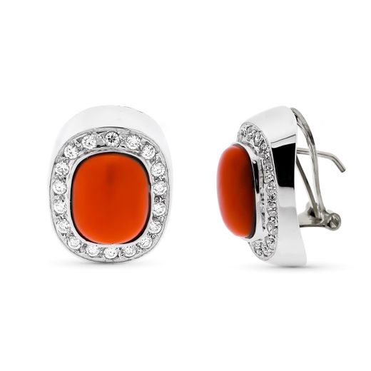 18K Pendientes Oro Blanco Y Coral Fino Con Circonita Cierre Omega