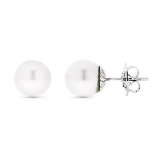 18K Pendientes Oro Blanco Y Perla Australiana 9 Mm Cierre Presion