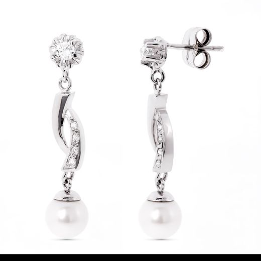18K Pendientes Oro Blanco Y Perla Con Garra De Circonita Cierre Presion
