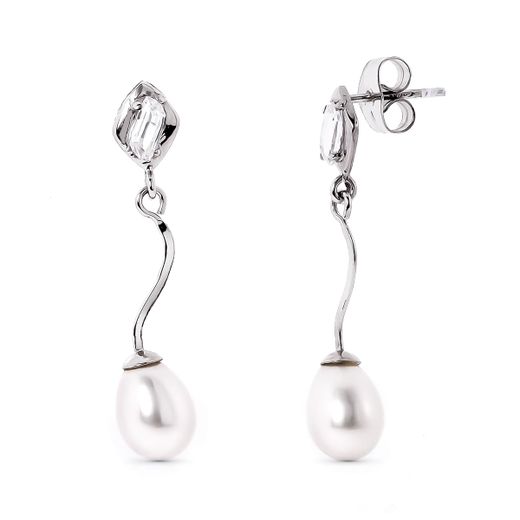 18K Pendientes Oro Blanco Y Perla Y Circonita Cierre Presion