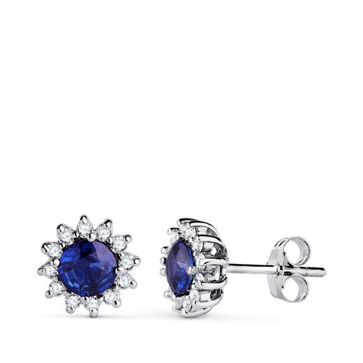 18K Pendientes Oro Blanco Zafiro 5 Mm 1,12 Qt. 24 Diamantes 0,340 Qts. Vs2-G. 9 Mm Cierre Presion