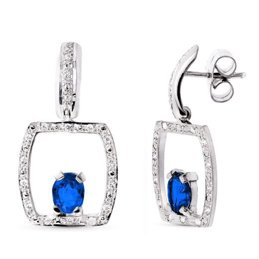18K Pendientes Oro Blanco Zafiro 5X4 Mm Cierre Presion