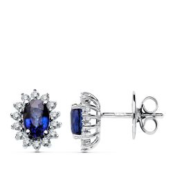 18K Pendientes Oro Blanco Zafiro 6X4 Mm 1,24 Qt. Diamantes 0,28 Qts. Vs2-G Cierre Presion 9,5X8 Mm