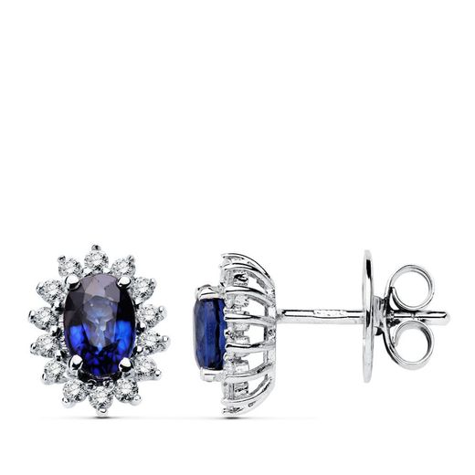 18K Pendientes Oro Blanco Zafiro 6X4 Mm 1,24 Qt. Diamantes 0,28 Qts. Vs2-G Cierre Presion 9,5X8 Mm