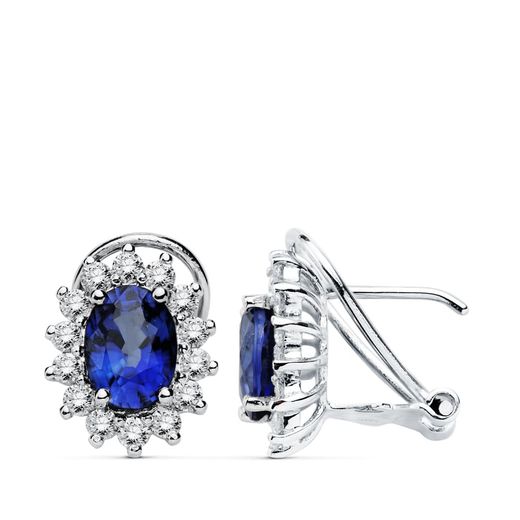 18K Pendientes Oro Blanco Zafiro 7X5 Mm 1,96 Qts. Diamantes Si-H 0.580 Qts.Cierre Omega 11,5X9,5 Mm