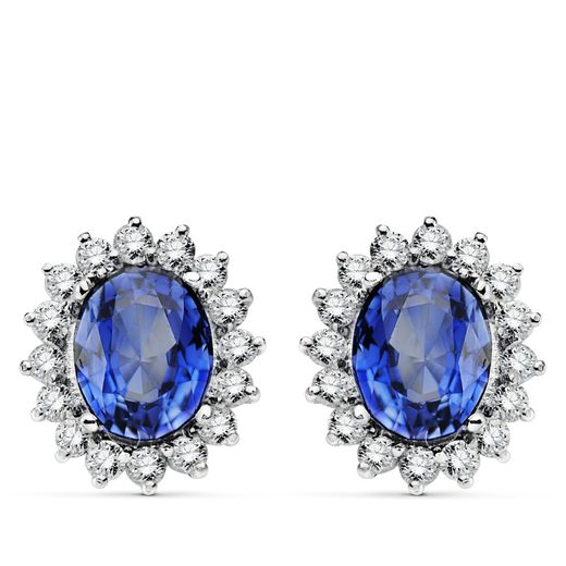 18K Pendientes Oro Blanco Zafiro 9X7 Mm 4,94 Qts. Vs2-G 1,12 Qts.Cierre Omega 14X12,5 Mm