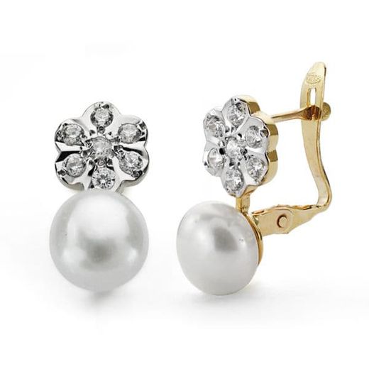 18K Pendientes Perla 7 Mm Y Flor Oro Bicolor Cierre Catalan