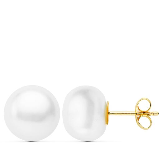 18K Pendientes Perla Boton Oro Amarillo 10-10.5 Mm Cierre Presion