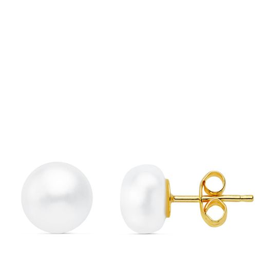 18K Pendientes Perla Boton Oro Amarillo 7 Mm Cierre Presion