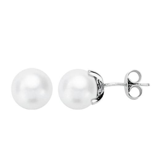 18K Pendientes Perla Cultivada 7-7.5 Mm Oro Blanco Cierre Presion