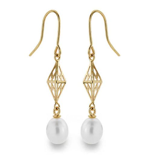 18K Pendientes Perla Gancho Oro Amarillo 40X7 Mm Cierre Gancho