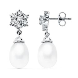 18K Pendientes Perla Oro Blanco 24X9 Mm Cierre Presion