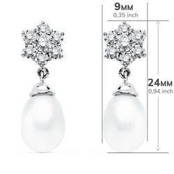 18K Pendientes Perla Oro Blanco 24X9 Mm Cierre Presion