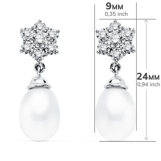 18K Pendientes Perla Oro Blanco 24X9 Mm Cierre Presion