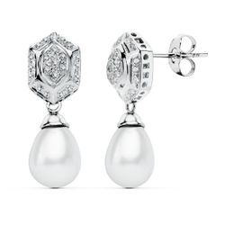 18K Pendientes Perla Oro Blanco Circonita Presion