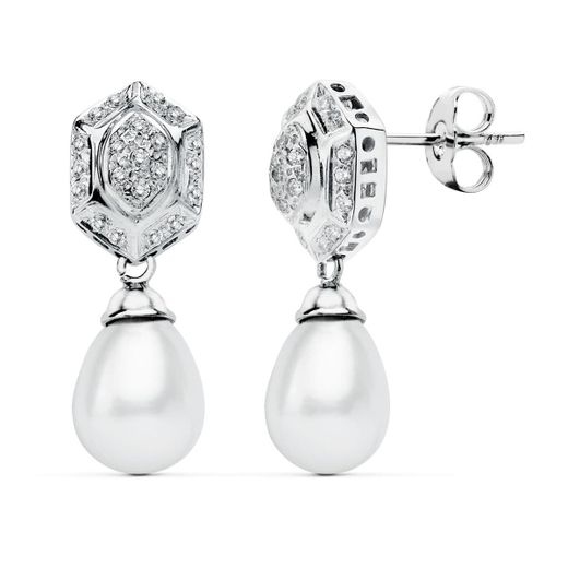 18K Pendientes Perla Oro Blanco Circonita Presion
