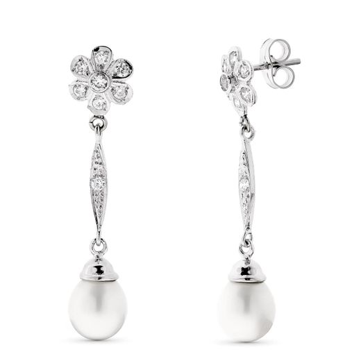 18K Pendientes Perla Y Flor Oro Blanco Cierre Presion