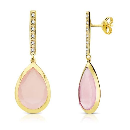 18K Pendientes Piedra Rosa 33X12 Mm Cierre Presion