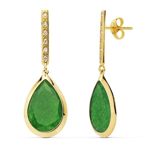 18K Pendientes Piedra Verde Oro Amarillo 33X12 Mm Cierre Presion