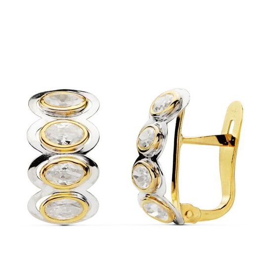 18K Pendientes Piedras Oval Bicolor 15X8 Mm Cierre Catalan