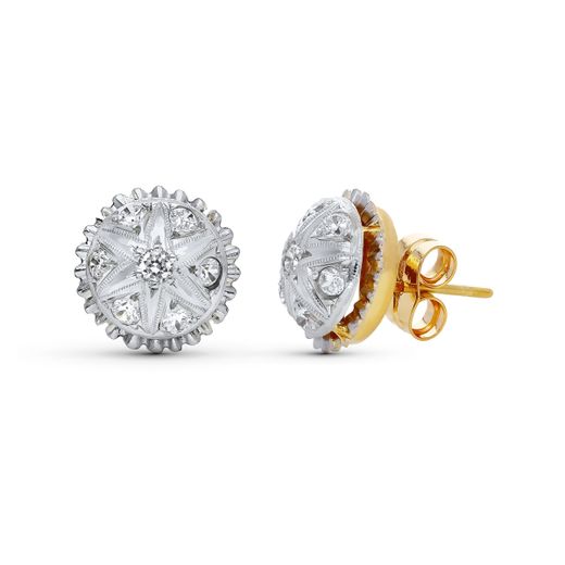 18K Pendientes Platino Bicolor Piña Y Circonita Cierre Presion