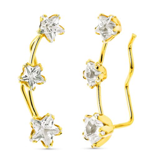 18K Pendientes Trepadores Oro Amarillo 3 Circonita Estrella