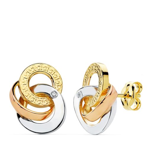 18K Pendientes Tricolor Circulos 14X10 Mm Cierre Presion