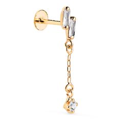 18K Piercing De Oreja Oro Amarillo Con 2 Circonitas Baguette Y Cadena. Grueso Barra 1.20 Mm. Medida: 24 X 4 Mm. Cierre Tuerca