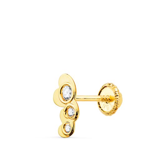 18K Piercing Oreja Oro Amarillo Tres Corazones Con Circonita 7X3 Mm