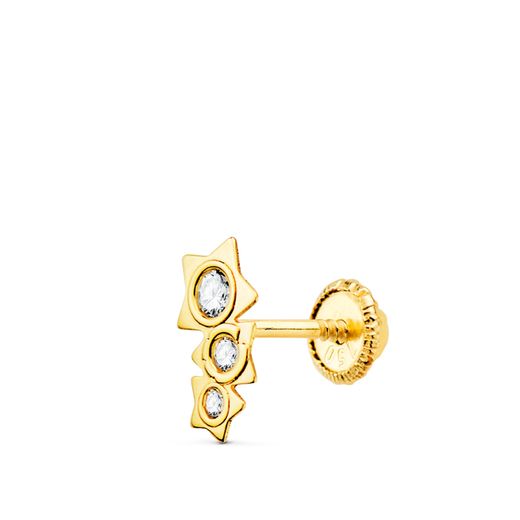 18K Piercing Oreja Oro Amarillo Tres Estrellas Con Circonita 7X3 Mm