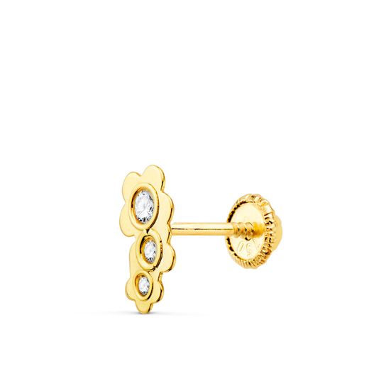 18K Piercing Oreja Oro Amarillo Tres Flores Con Circonita 7X4 Mm