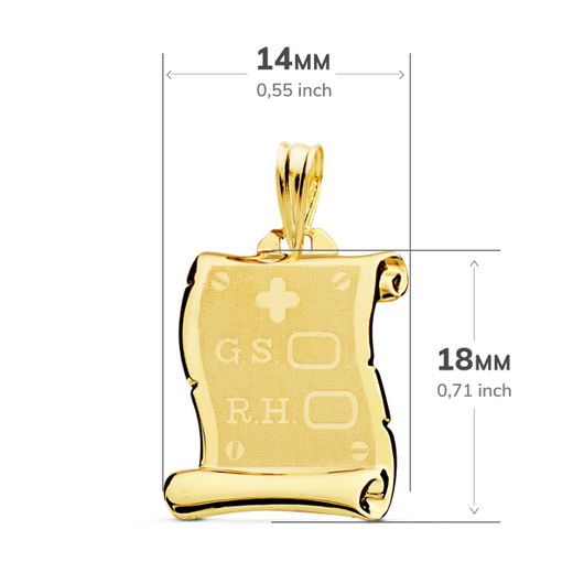 18K Placa Chapa Colgante Pergamino Oro Amarillo Brillo Grupo Sanguineo Rh Mate 18X14 Mm