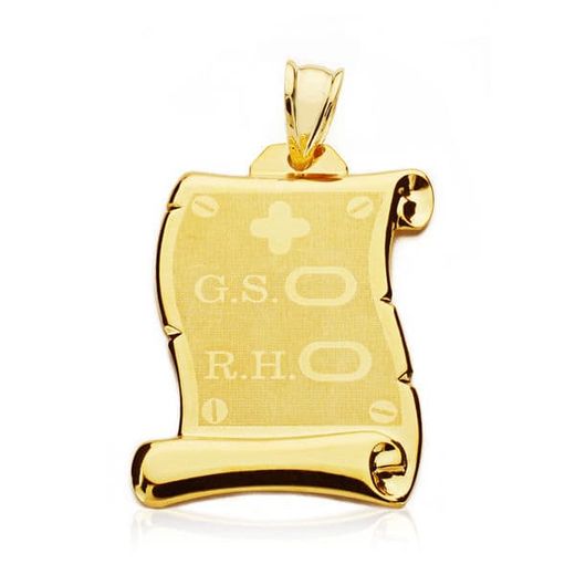18K Placa Chapa Colgante Pergamino Oro Amarillo Brillo Grupo Sanguineo Rh Mate Y Brillo 28X22 Mm