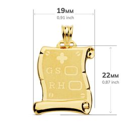 18K Placa Chapa Colgante Pergamino Oro Amarillo Brillo Rh Grupo Sanguineo Mate 22X19 Mm