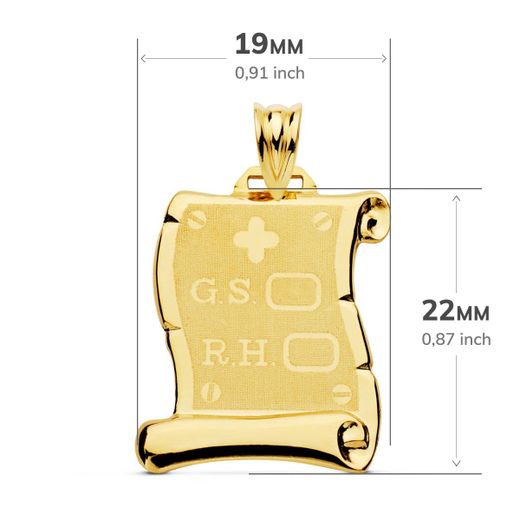 18K Placa Chapa Colgante Pergamino Oro Amarillo Brillo Rh Grupo Sanguineo Mate 22X19 Mm