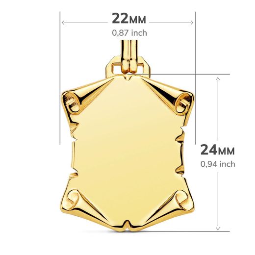 18K Placa Chapa Colgante Pergamino Oro Amarillo Liso Brillo Papiro. 24X22 Mm