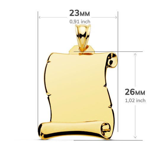 18K Placa Chapa Oro Amarillo Colgante Pergamino Liso 26X23 Mm