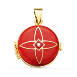 18K Portafotos Colgante Oro Amarillo Guardapelo Dije Redondo Esmalte Rojo Diamante 0.035 Qtes. 21 Mm
