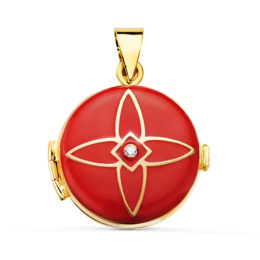 18K Portafotos Colgante Oro Amarillo Guardapelo Dije Redondo Esmalte Rojo Diamante 0.035 Qtes. 21 Mm
