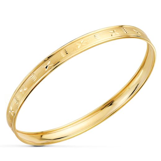 18K Pulsera Aro Tallado Labrado Y Matizado Oro Amarillo Medida Interior 63 Mm Ancho Total 7 Mm Sin Cierre