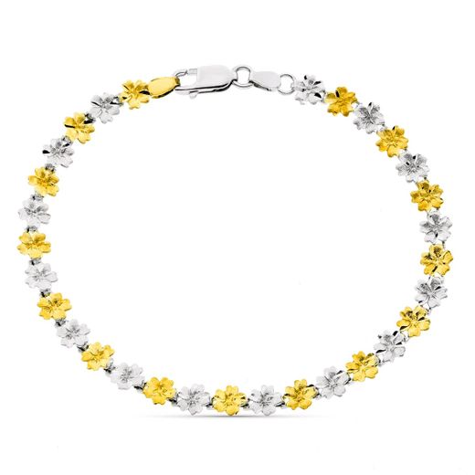 18K Pulsera Bicolor Flores Ancho 6 Mm Largo 19Cm