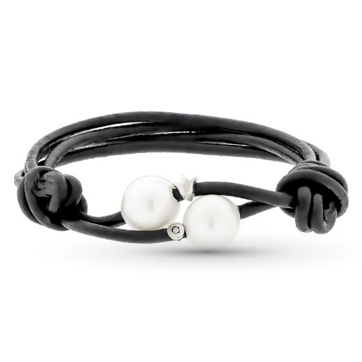 18K Pulsera Cuero Perla Y Diamante Talla Brillante