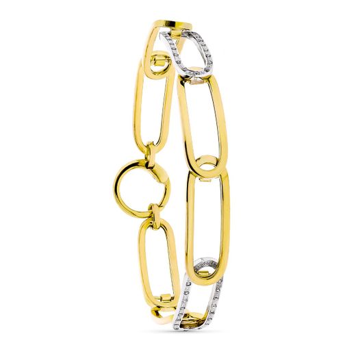 18K Pulsera Eslabones Calados Bicolor Circonita Ancho 9 Mm Largo 20Cm