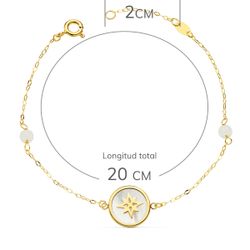 18K Pulsera Nacar Y Rosa De Los Vientos 12 Mm Y Bolas Jade 4 Mm Cadena 15 2 Cm