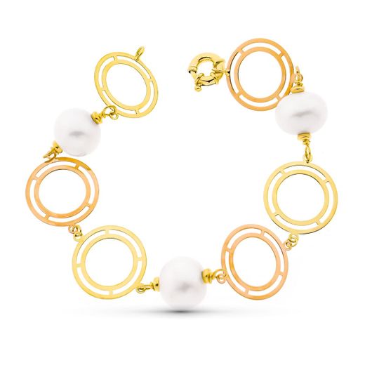 18K Pulsera Oro 21Cm Bicolor Oro Amarillo Y Rosa Y Perla Cultivadas 15 Mm