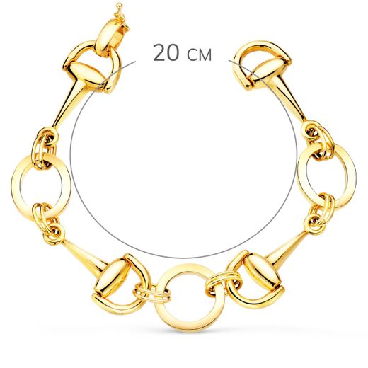 18K Pulsera Oro Amarillo Articulada Con Estribos Y Circulos En Brillo 20Cm