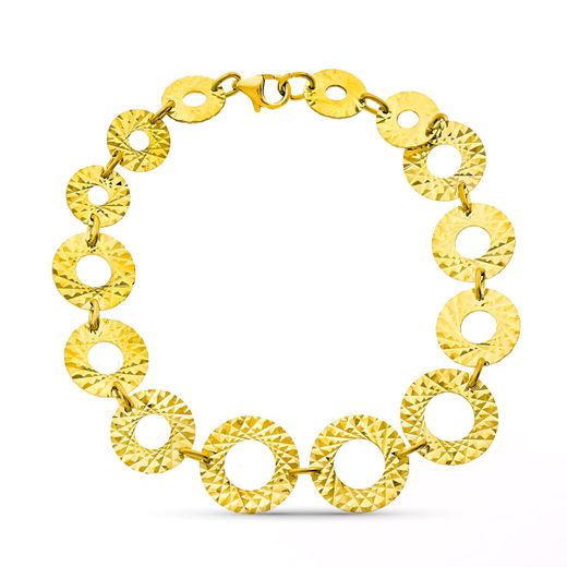 18K Pulsera Oro Amarillo Circulos Tallados. Ancho 13 Mm Largo 18Cm